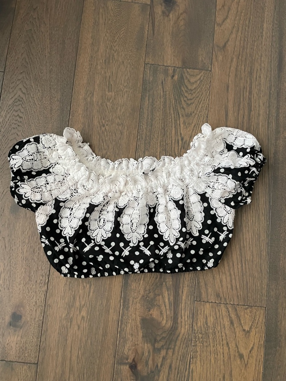Miguelina Black and White Lace-Trim Polka Dot Cotton Crop Top Sz XS